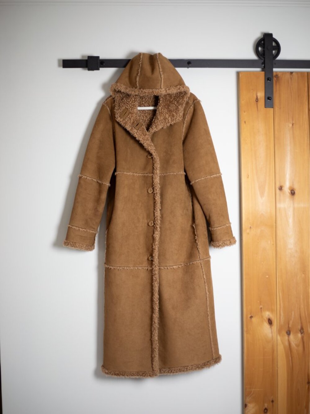 Shearling Maxi Coat Hooded Sherpa Lined Camel Brown | St. John's Bay | Size L